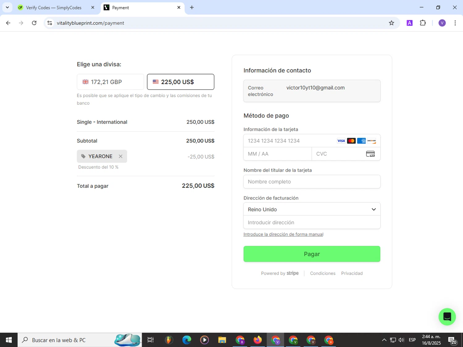 Vitality Blueprint promo code screenshot showing code YEARONE applied at Vitality Blueprint checkout page. Uploaded by SimplyCodes community member Satoru_gojo on Aug 16, 2025