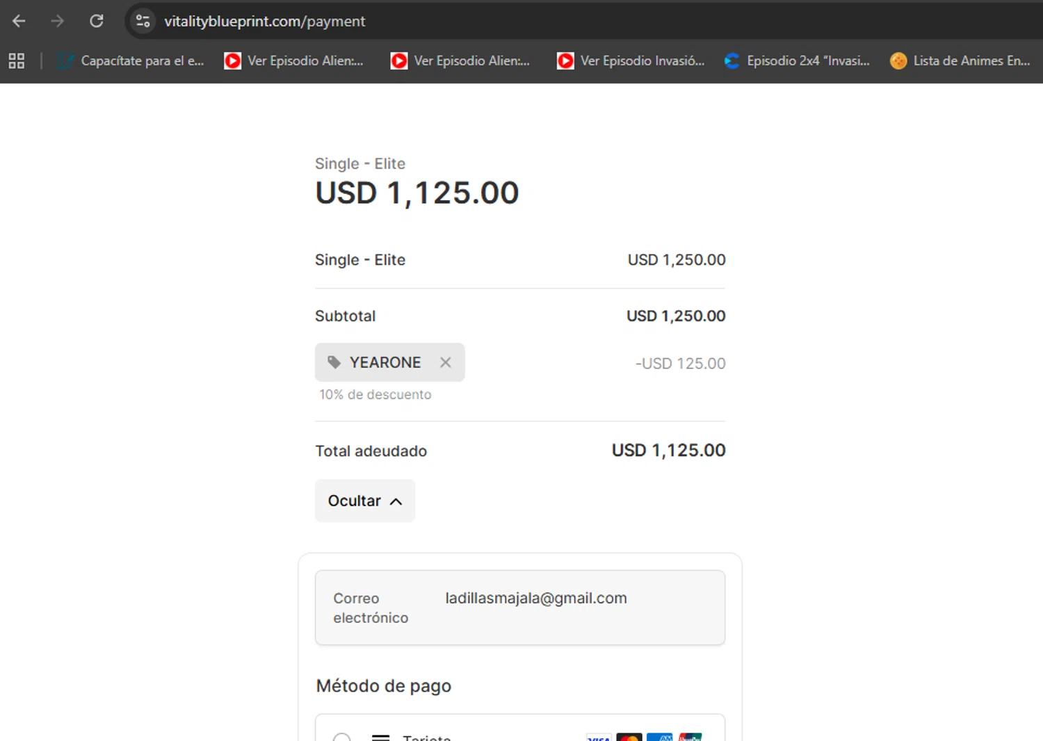 Vitality Blueprint promo code screenshot showing code YEARONE applied at Vitality Blueprint checkout page. Uploaded by SimplyCodes community member eduardolopez on Nov 11, 2025