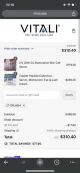 Vitali SkinCare coupon verification screenshot