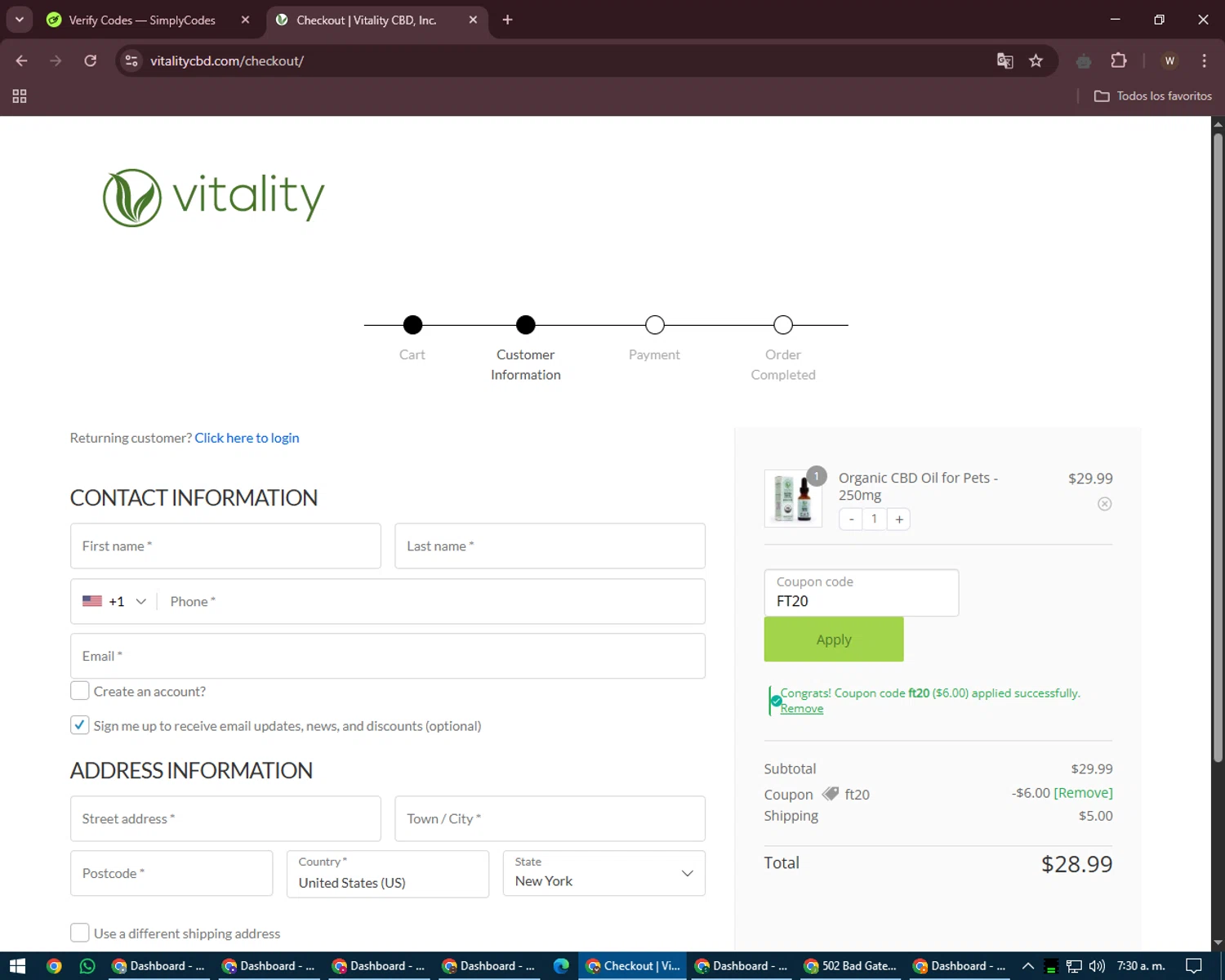 Vitality CBD discount code screenshot showing code FT20 applied at Vitality CBD checkout page. Uploaded by SimplyCodes community member DealMaestro2101 on May 15, 2025