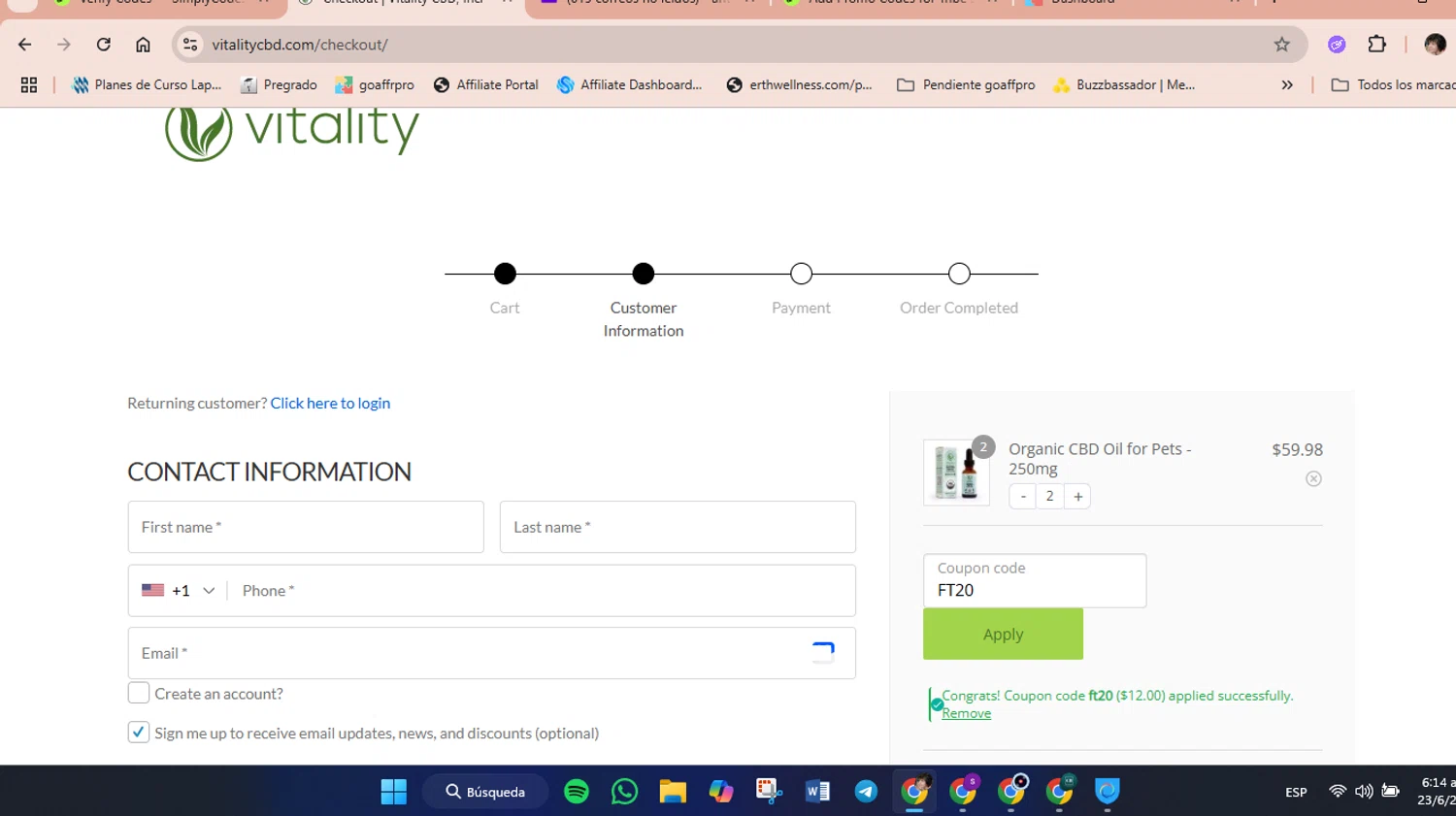 Vitality CBD discount code screenshot showing code FT20 applied at Vitality CBD checkout page. Uploaded by SimplyCodes community member luisaballera on Jun 23, 2025