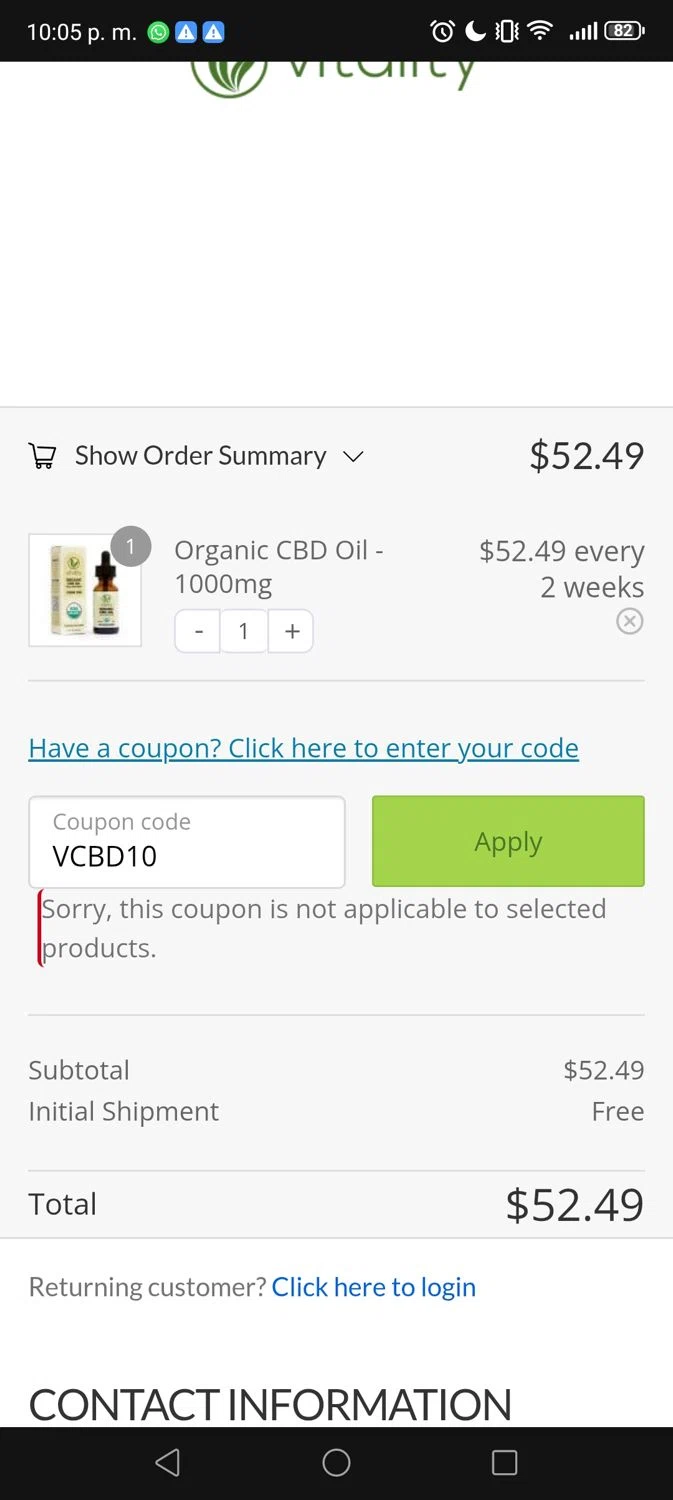 Vitality CBD discount code screenshot showing code VCBD10 applied at Vitality CBD checkout page. Uploaded by SimplyCodes community member Divino1 on Jun 21, 2025