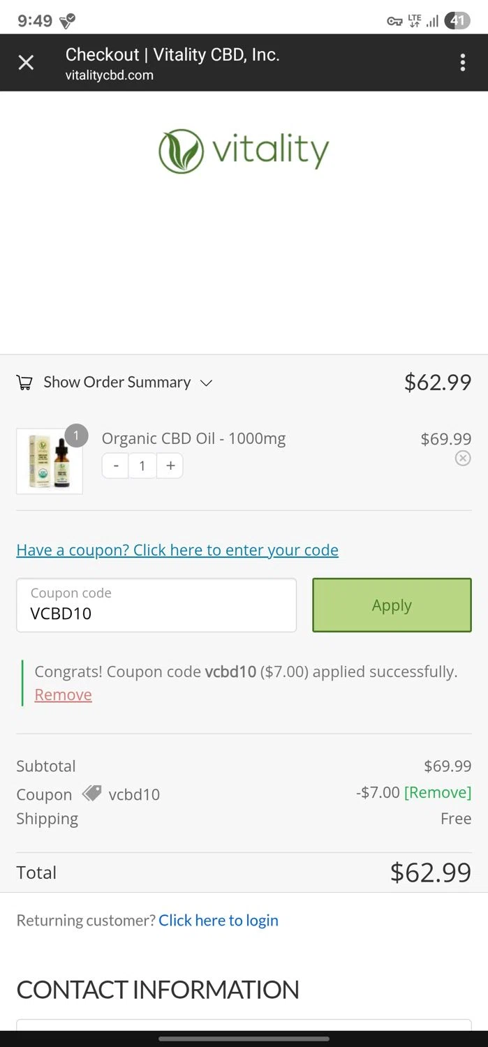 Vitality CBD discount code screenshot showing code VCBD10 applied at Vitality CBD checkout page. Uploaded by SimplyCodes community member FortunateLynx2589 on Jun 14, 2025