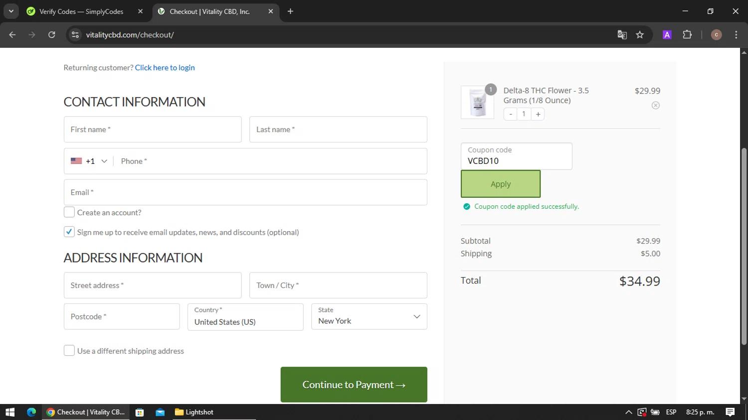 Vitality CBD discount code screenshot showing code VCBD10 applied at Vitality CBD checkout page. Uploaded by SimplyCodes community member VoucherRanger901 on May 10, 2025