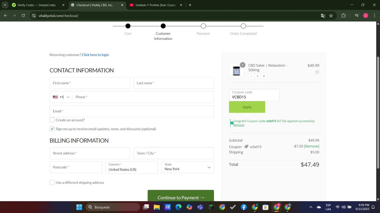 Vitality CBD discount code screenshot showing code VCBD15 applied at Vitality CBD checkout page. Uploaded by SimplyCodes community member MightyGuardian8404 on Jun 14, 2025