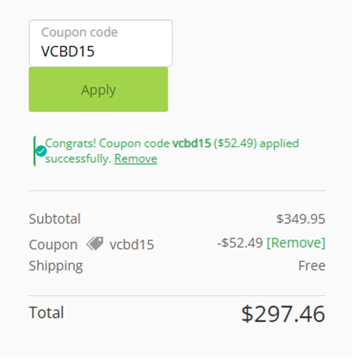 Vitality CBD discount code screenshot showing code VCBD15 applied at Vitality CBD checkout page. Uploaded by SimplyCodes community member MightyCaptain4043 on May 10, 2025