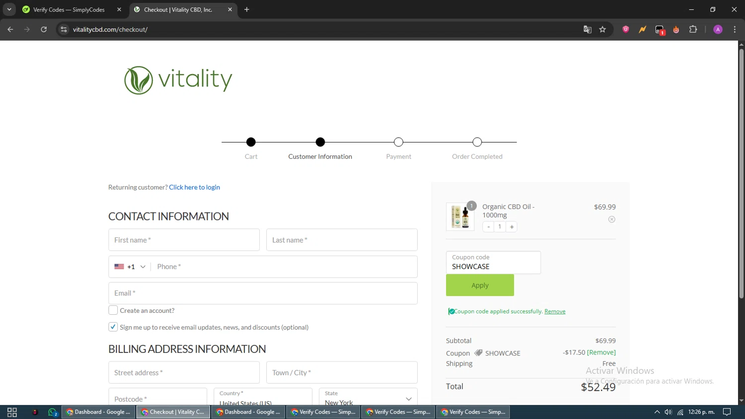 Vitality CBD discount code screenshot showing code SHOWCASE applied at Vitality CBD checkout page. Uploaded by SimplyCodes community member CouponScout5403 on Aug 11, 2025