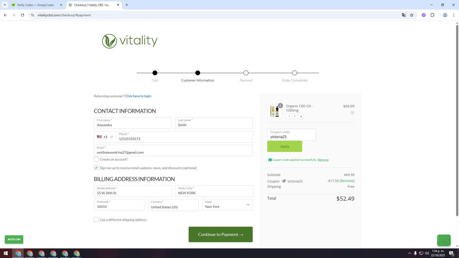 Vitality CBD discount code screenshot showing code victoria25 applied at Vitality CBD checkout page. Uploaded by SimplyCodes community member INSECTOS on Oct 22, 2025