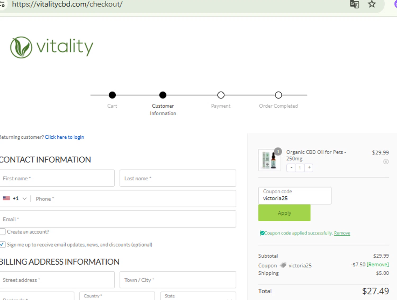 Vitality CBD discount code screenshot showing code victoria25 applied at Vitality CBD checkout page. Uploaded by SimplyCodes community member RewardFinder4836 on Sep 23, 2025