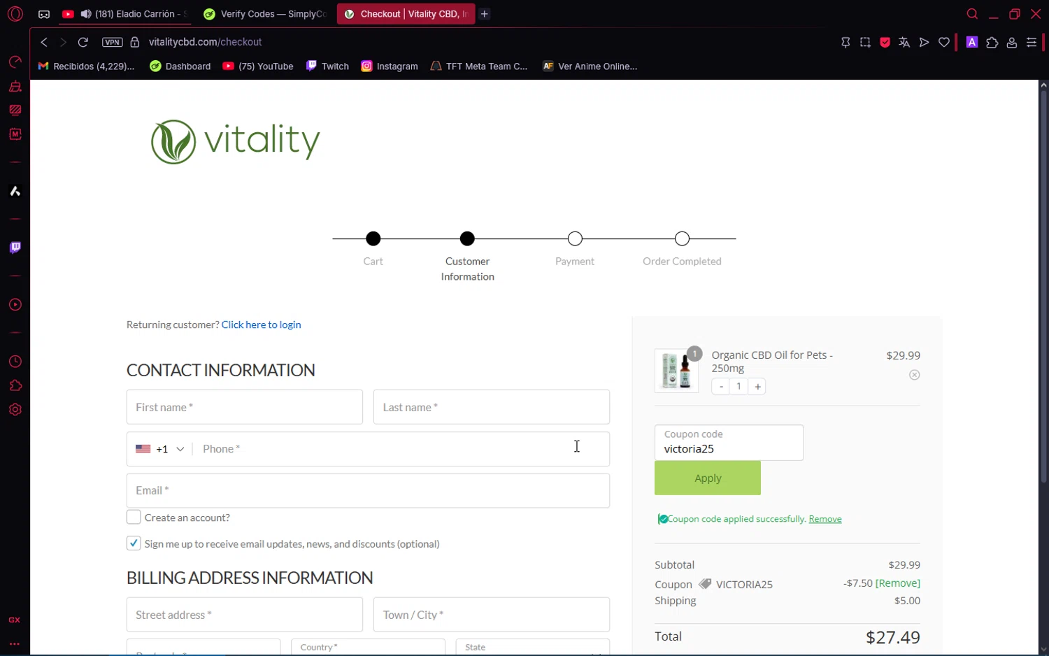 Vitality CBD discount code screenshot showing code victoria25 applied at Vitality CBD checkout page. Uploaded by SimplyCodes community member VoucherAce8469 on Aug 25, 2025