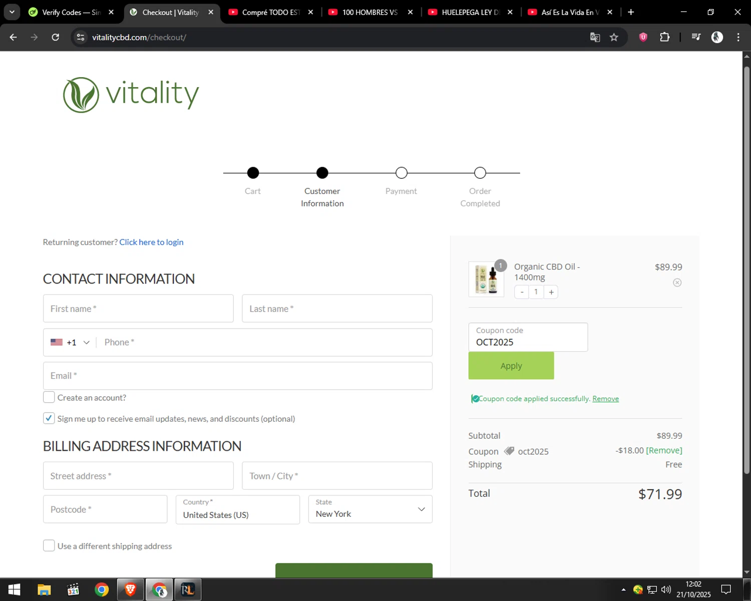 Vitality CBD checkout page showing Vitality CBD discount code box | Screenshot taken by SimplyCodes community member on Oct 21, 2025