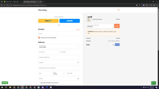 Vita Living checkout page showing Vita Living coupon code box | Screenshot taken by SimplyCodes community member on Sep 10, 2025