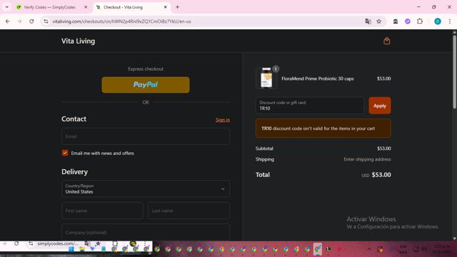 Vita Living checkout page showing Vita Living coupon code box | Screenshot taken by SimplyCodes community member on Sep 10, 2025
