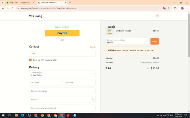 Vita Living checkout page showing Vita Living coupon code box | Screenshot taken by SimplyCodes community member on Sep 10, 2025