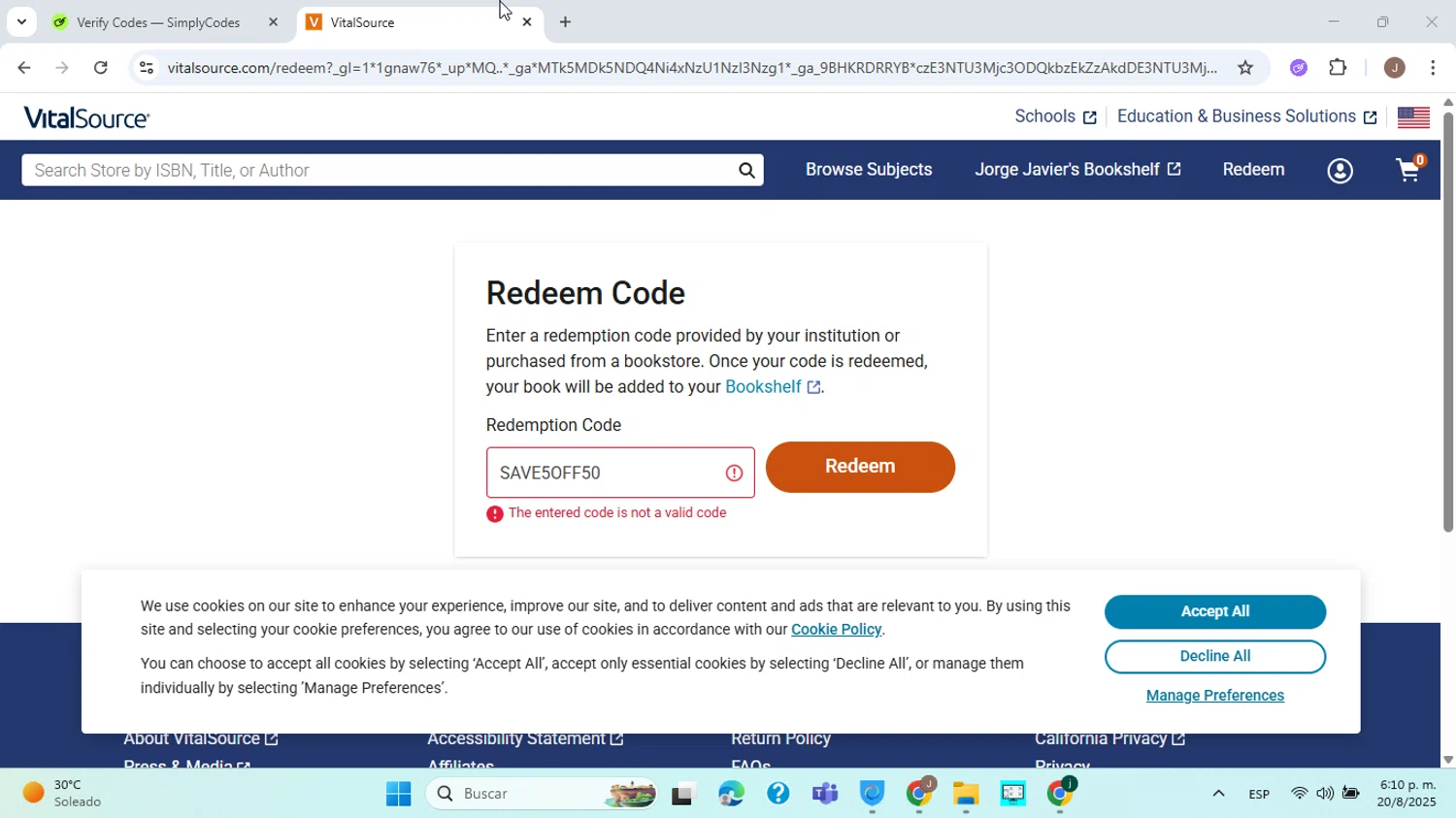 VitalSource promo code screenshot showing code SAVE5OFF50 applied at VitalSource checkout page. Uploaded by SimplyCodes community member ABHF23 on Aug 20, 2025