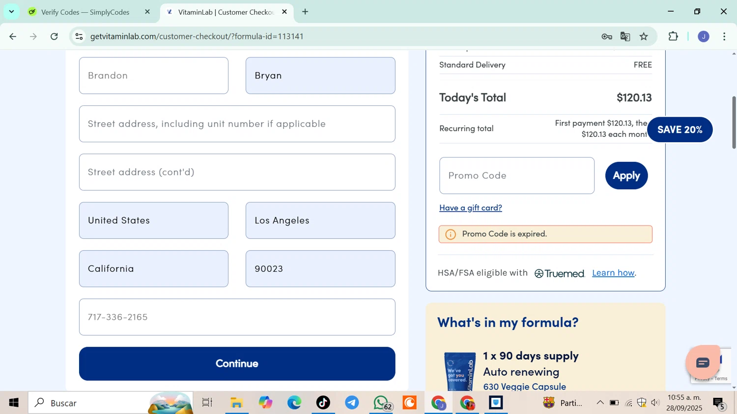 Vitamin Lab coupon code screenshot showing code summersale30 applied at Vitamin Lab checkout page. Uploaded by SimplyCodes community member DiscountSleuth6807 on Sep 28, 2025