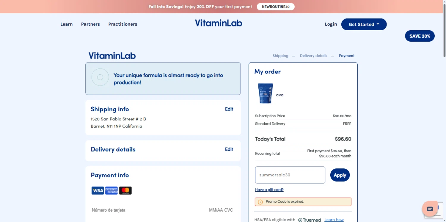 Vitamin Lab coupon code screenshot showing code summersale30 applied at Vitamin Lab checkout page. Uploaded by SimplyCodes community member renegul on Sep 28, 2025