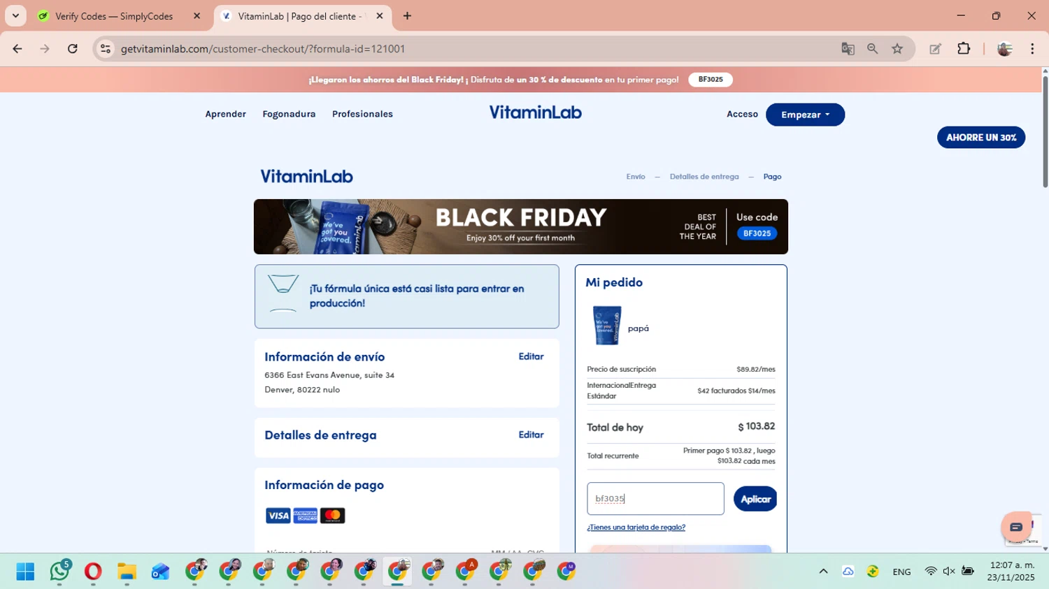 Vitamin Lab coupon code screenshot showing code bf3035 applied at Vitamin Lab checkout page. Uploaded by SimplyCodes community member MariAPB on Nov 23, 2025