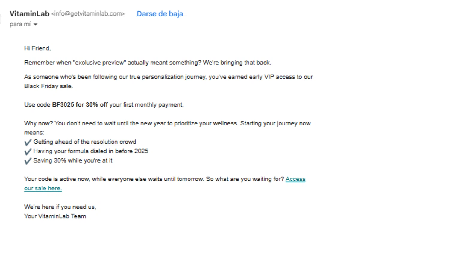 Vitamin Lab coupon code screenshot showing code BF3025 applied at Vitamin Lab checkout page. Uploaded by SimplyCodes community member juanjose on Nov 20, 2025