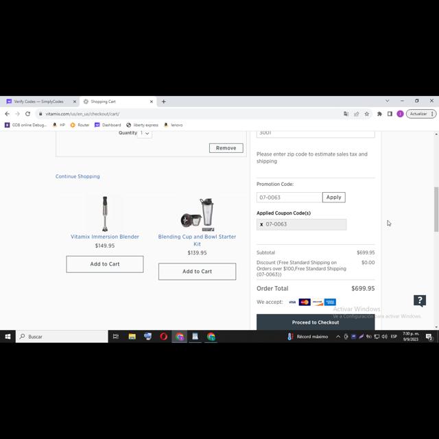 Vitamix checkout page showing Vitamix promo code box | Screenshot taken by SimplyCodes community member on Sep 9, 2023