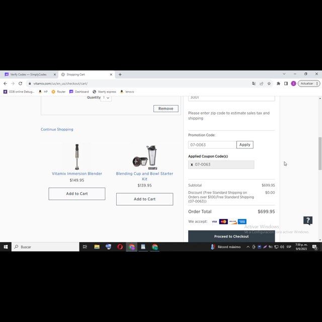 Vitamix checkout page showing Vitamix promo code box | Screenshot taken by SimplyCodes community member on Sep 9, 2023