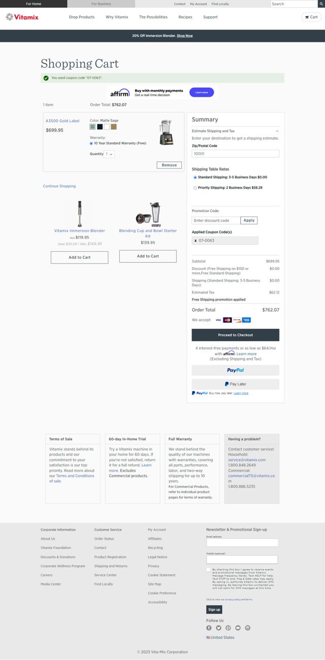 Vitamix checkout page showing Vitamix promo code box | Screenshot taken by SimplyCodes community member on Oct 17, 2023