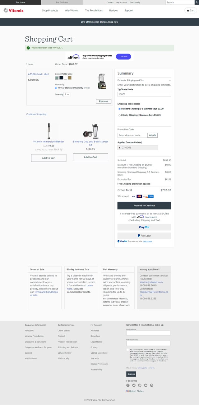 Vitamix checkout page showing Vitamix promo code box | Screenshot taken by SimplyCodes community member on Oct 17, 2023