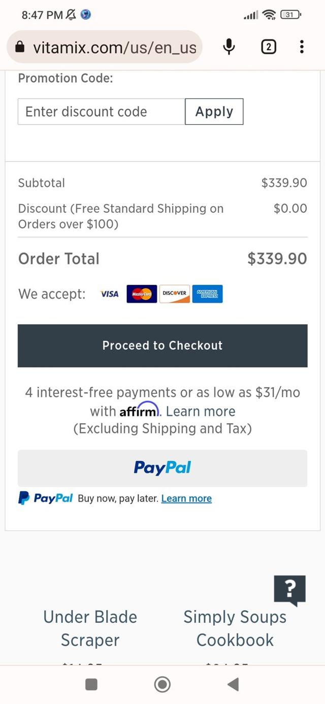 Vitamix checkout page showing Vitamix promo code box | Screenshot taken by SimplyCodes community member on Sep 29, 2023