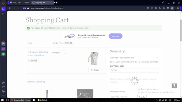 Vitamix checkout page showing Vitamix promo code box | Screenshot taken by SimplyCodes community member on Oct 5, 2023