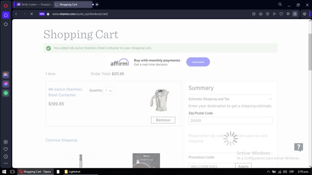 Vitamix checkout page showing Vitamix promo code box | Screenshot taken by SimplyCodes community member on Oct 5, 2023