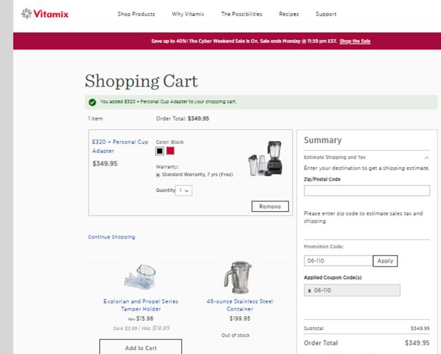 Vitamix checkout page showing Vitamix promo code box | Screenshot taken by SimplyCodes community member on Nov 23, 2023