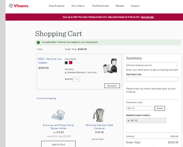 Vitamix checkout page showing Vitamix promo code box | Screenshot taken by SimplyCodes community member on Nov 23, 2023