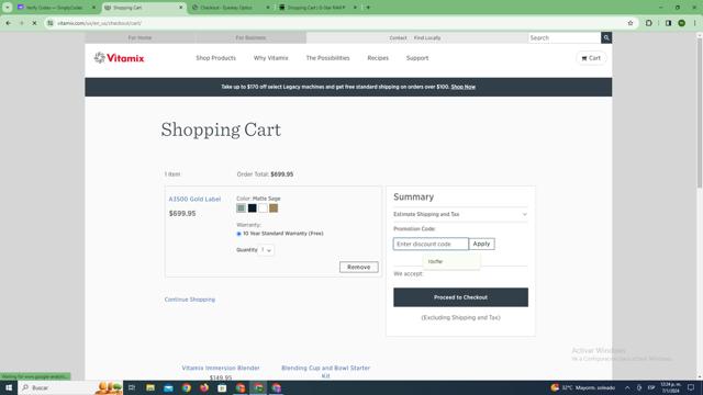 Vitamix checkout page showing Vitamix promo code box | Screenshot taken by SimplyCodes community member on Jan 7, 2024