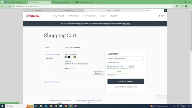 Vitamix checkout page showing Vitamix promo code box | Screenshot taken by SimplyCodes community member on Jan 7, 2024