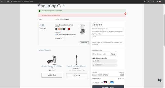 Vitamix checkout page showing Vitamix promo code box | Screenshot taken by SimplyCodes community member on Nov 14, 2023