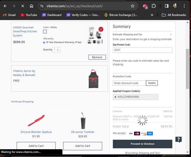 Vitamix checkout page showing Vitamix promo code box | Screenshot taken by SimplyCodes community member on Feb 5, 2024