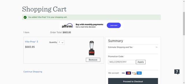 Vitamix checkout page showing Vitamix promo code box | Screenshot taken by SimplyCodes community member on Apr 13, 2024