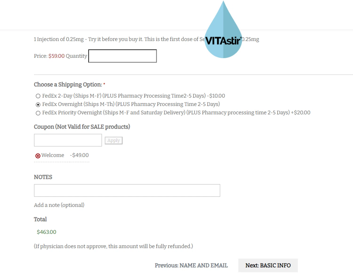 VITAstir coupon code screenshot showing code WELCOME10 applied at VITAstir checkout page. Uploaded by SimplyCodes community member NobleOwl1768 on Mar 2, 2025