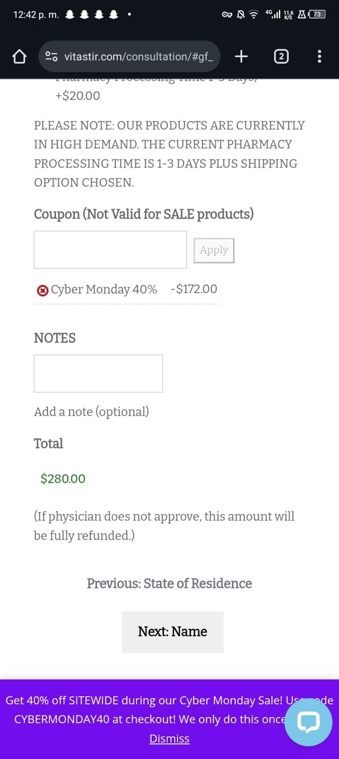 VITAstir checkout page showing VITAstir coupon code box | Screenshot taken by SimplyCodes community member on Dec 1, 2025