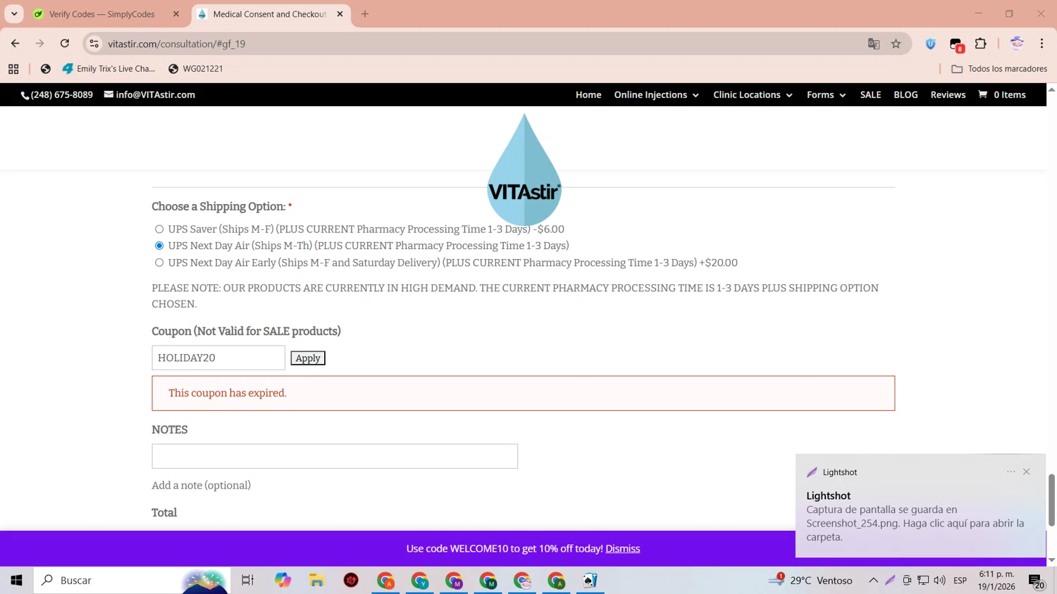 VITAstir coupon code screenshot showing code HOLIDAY20 applied at VITAstir checkout page. Uploaded by SimplyCodes community member CoinLegend1707 on Jan 19, 2026