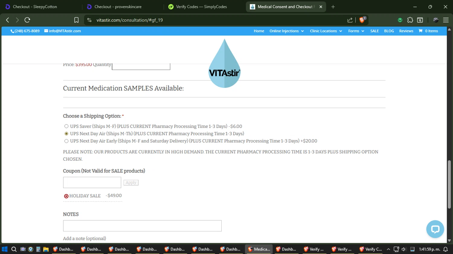 VITAstir coupon code screenshot showing code HOLIDAY20 applied at VITAstir checkout page. Uploaded by SimplyCodes community member Sesshomaru on Dec 26, 2025
