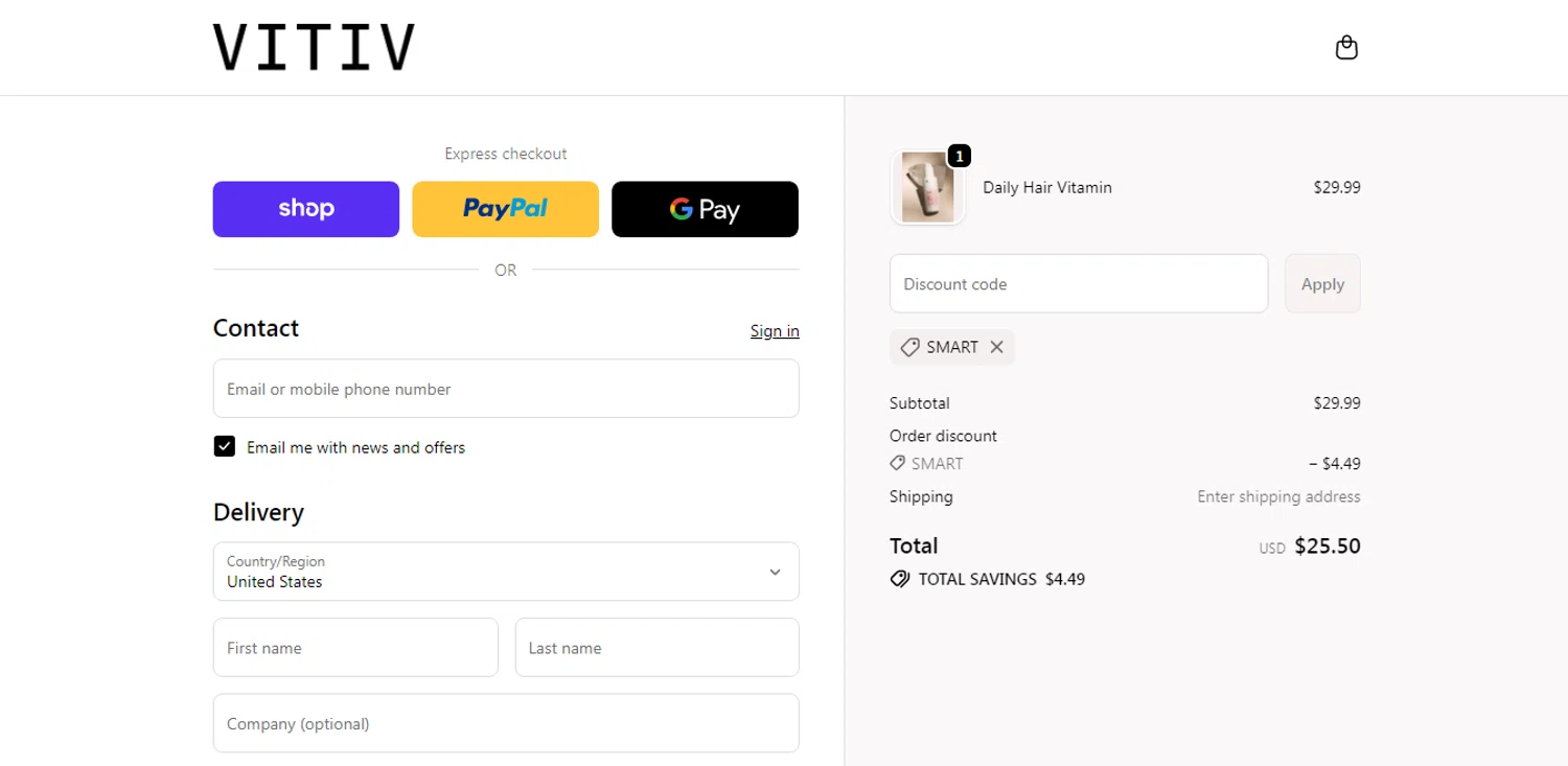 VITIV promo code screenshot showing code SMART applied at VITIV checkout page. Uploaded by SimplyCodes community member HUNTER1406 on Feb 15, 2026