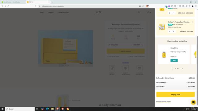 VITL checkout page showing VITL discount code box | Screenshot taken by SimplyCodes community member on Jul 2, 2025