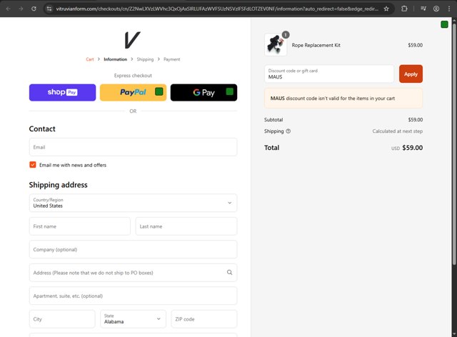 Vitruvian checkout page showing Vitruvian discount code box | Screenshot taken by SimplyCodes community member on May 6, 2025