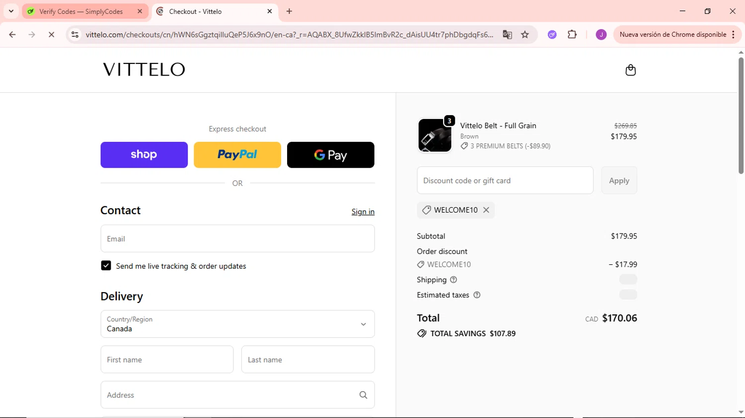 Vittelo promo code screenshot showing code WELCOME10 applied at Vittelo checkout page. Uploaded by SimplyCodes community member NobleSaver3560 on Dec 26, 2025