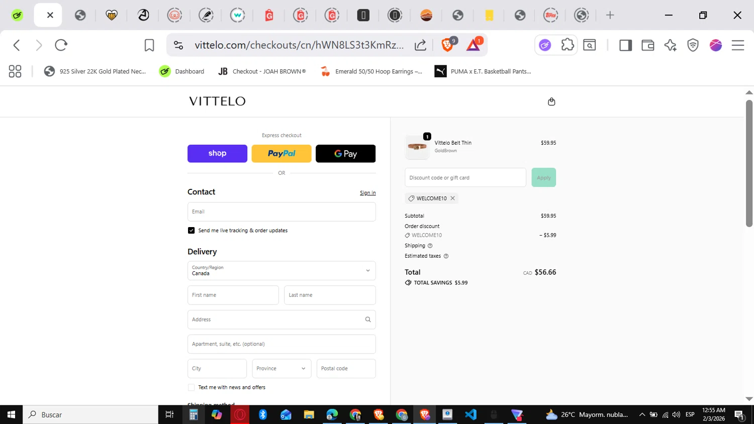 Vittelo promo code screenshot showing code WELCOME10 applied at Vittelo checkout page. Uploaded by SimplyCodes community member SavingsVirtuoso1883 on Feb 3, 2026