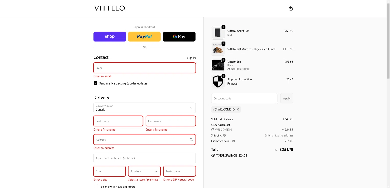 Vittelo promo code screenshot showing code WELCOME10 applied at Vittelo checkout page. Uploaded by SimplyCodes community member VoucherHero1009 on Nov 27, 2025