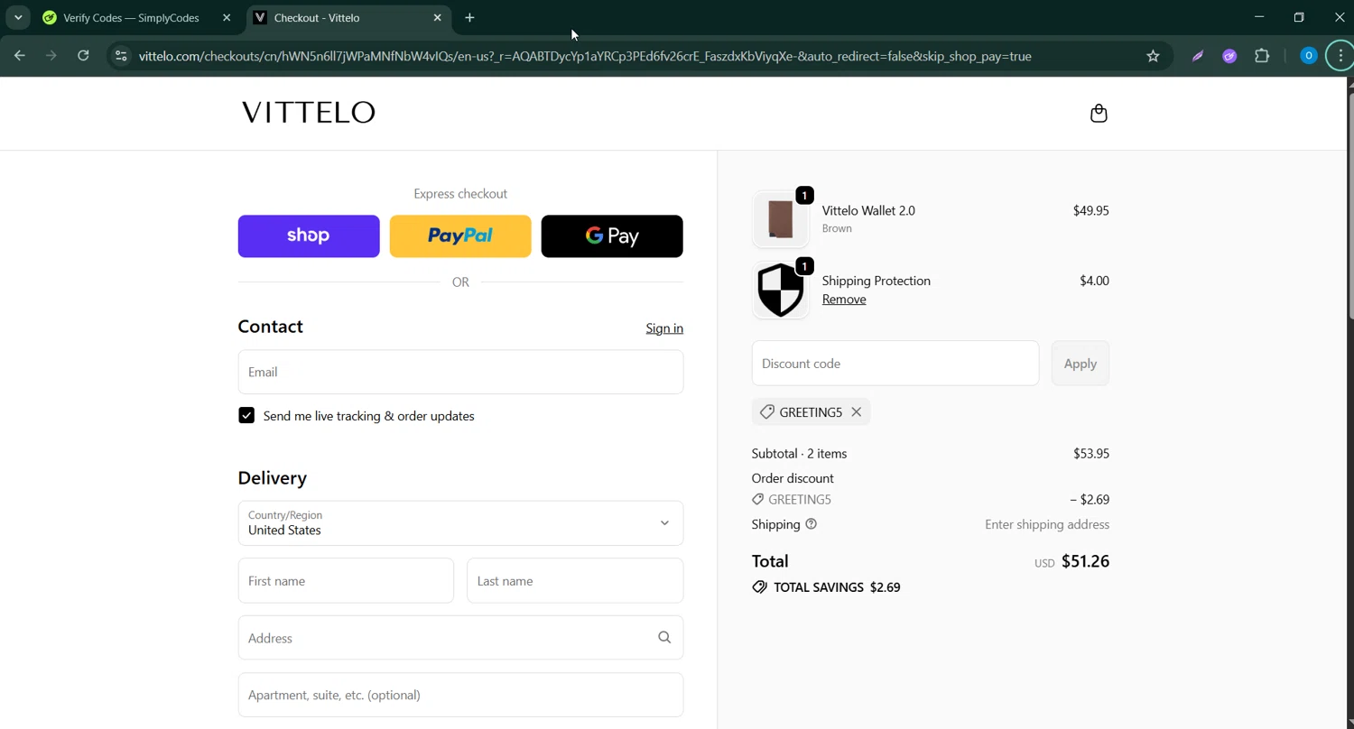 Vittelo promo code screenshot showing code GREETING5 applied at Vittelo checkout page. Uploaded by SimplyCodes community member CodeScholar4340 on Nov 27, 2025
