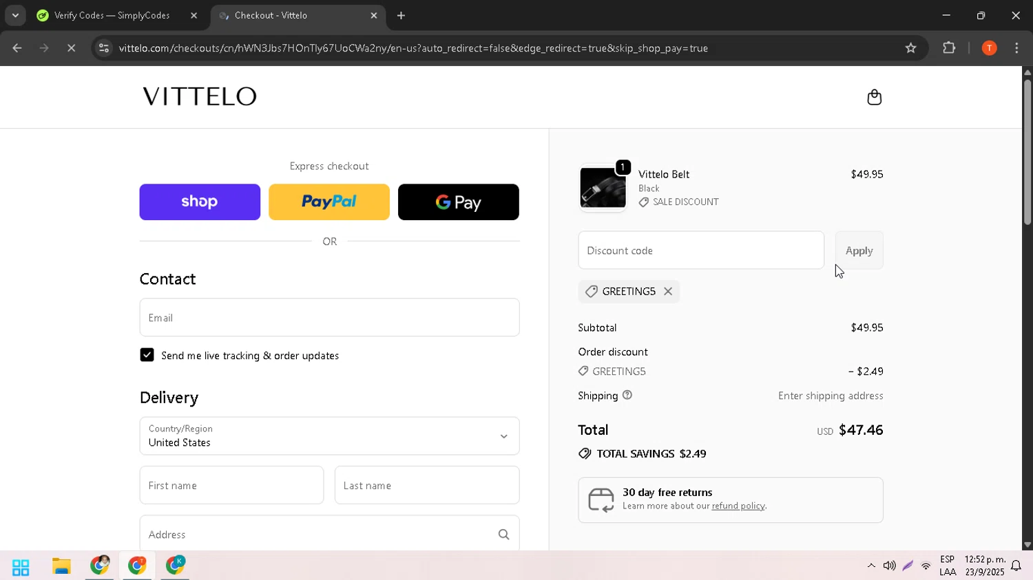 Vittelo promo code screenshot showing code GREETING5 applied at Vittelo checkout page. Uploaded by SimplyCodes community member HHHHHHH on Sep 23, 2025