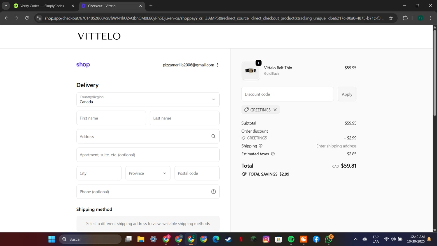 Vittelo promo code screenshot showing code GREETING5 applied at Vittelo checkout page. Uploaded by SimplyCodes community member neygoot on Oct 30, 2025